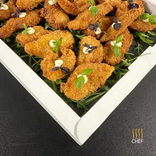 Load image into Gallery viewer, One tray contains 30 reheatable Fish Finger Food Canapes delivered in London