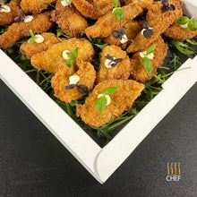 Load image into Gallery viewer, One tray contains 30 reheatable Fish Finger Food Canapes delivered in London
