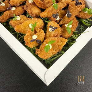 One tray contains 30 reheatable Fish Finger Food Canapes delivered in London
