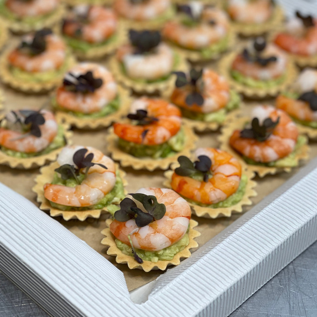 Poached Prawns on Avocado Tartlets and Spicy Tomato Chutney